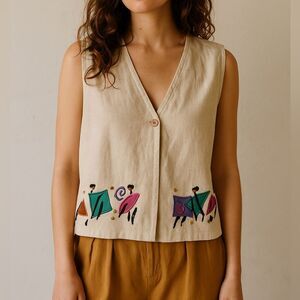 Vtg Embroidered Linen Vest M Beige Jewel Tones Art To Wear Bohemian Cottagecore